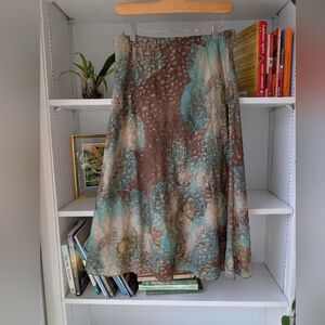 Vintage Women's A-Line Skirt Brown and Teal Printed Sparkly Sz Large Fairy Boho